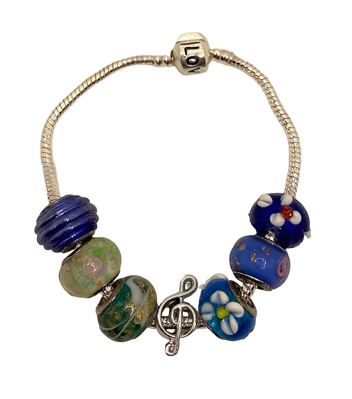 Sterling Silver Charm Bracelet - Treble Clef - Blue