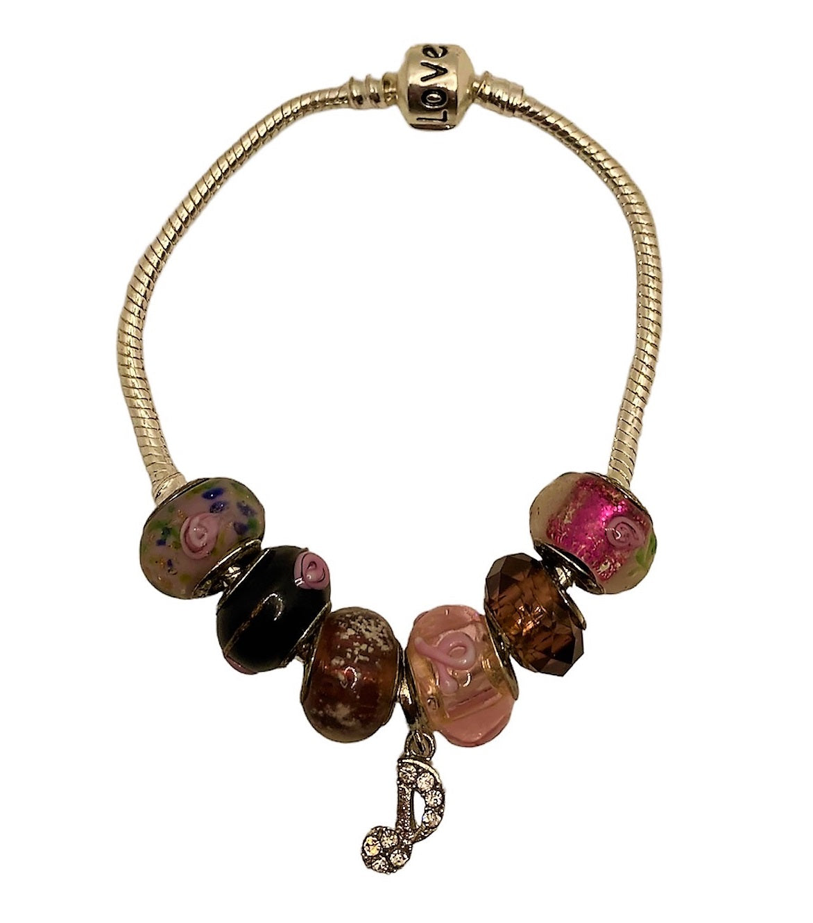 Sterling Silver Charm Bracelet - Eighth Note - Pink
