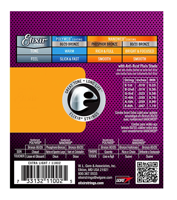 Elixir 80/20 Bronze Acoustic Guitar Strings With NANOWEB Coating, Extra Light Gauge