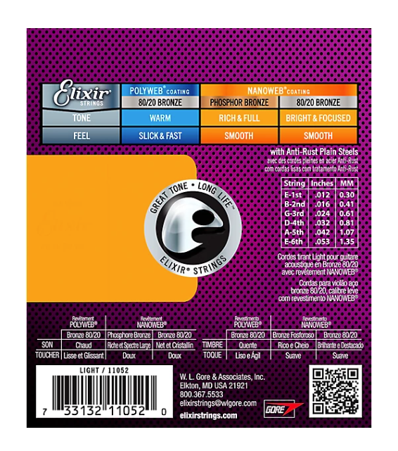 Elixir 80/20 Bronze Acoustic Guitar Strings With NANOWEB Coating, Light Gauge