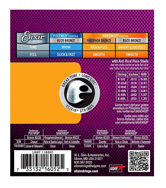 Elixir Phosphor Bronze Acoustic Guitar Strings With NANOWEB Coating, Light Gauge
