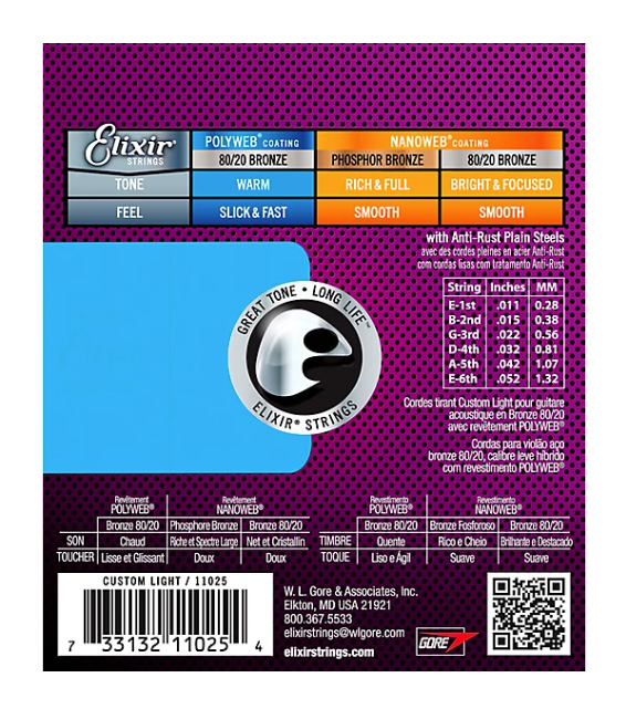 Elixir 80/20 Bronze Acoustic Guitar Strings with POLYWEB Coating, Custom Light Gauge