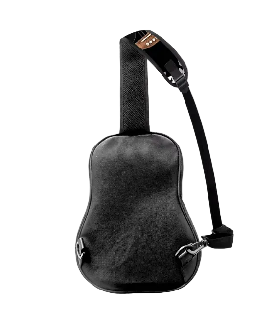 The backside of a black guitar-shaped shoulder bag with an adjustable shoulder strap