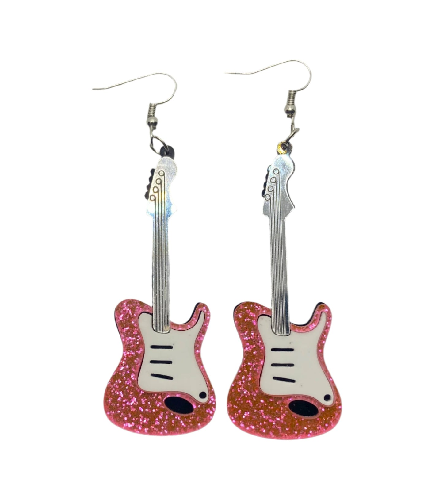 Acrylic Electric Guitar Earrings - Pink Glitter