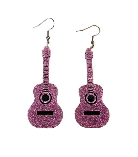 Acrylic Acoustic Guitar Earrings - Pink Sparkle