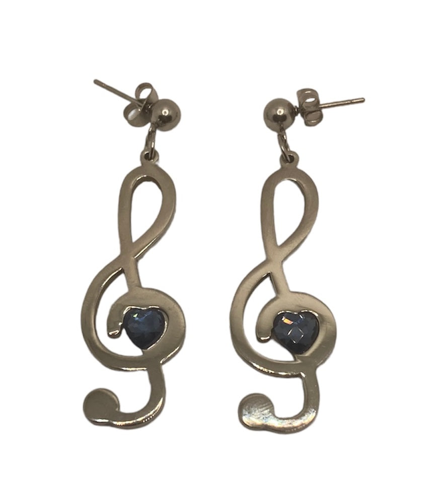 Treble Clef Earrings - Stainless Steel - Blue Heart