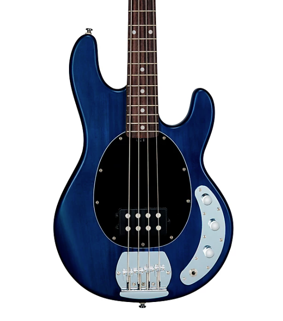 Sterling by Music Man StingRay Ray4 Electric Bass Satin Transparent Blue Black Pickguard