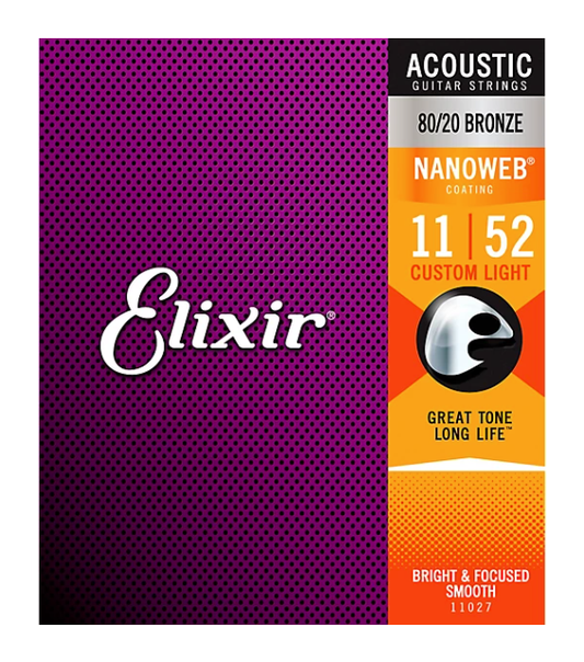 Elixir 80/20 Bronze Acoustic Guitar Strings With NANOWEB Coating, Custom Light Gauge