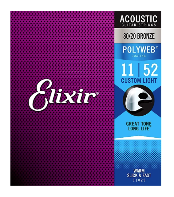 Elixir 80/20 Bronze Acoustic Guitar Strings with POLYWEB Coating, Custom Light Gauge