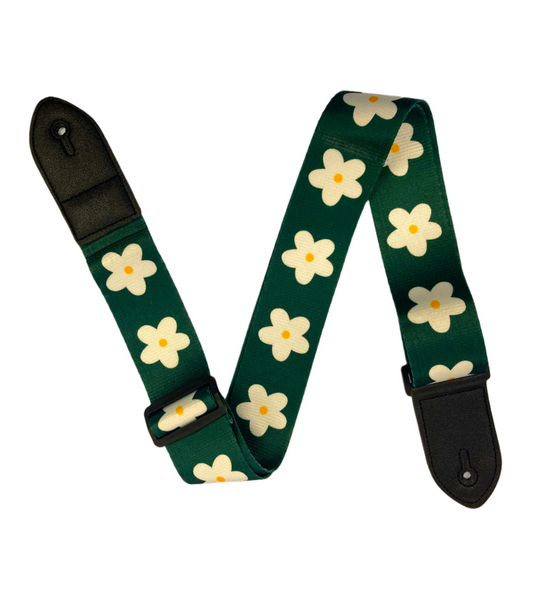 Polyester Guitar Strap - Green w/ White Flowers