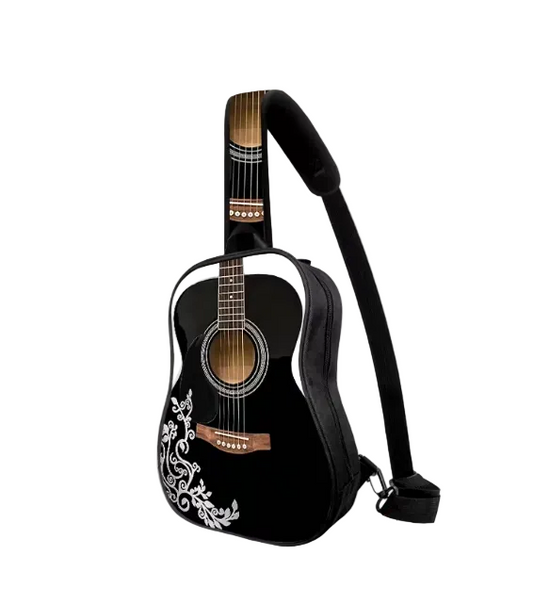 A black acoustic guitar-shaped shoulder bag with a black padded strap, featuring white floral scrollwork on the lower body.