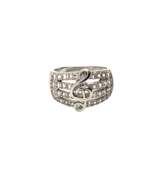 Treble Clef Ring with Rhinestones - 925 Sterling Silver