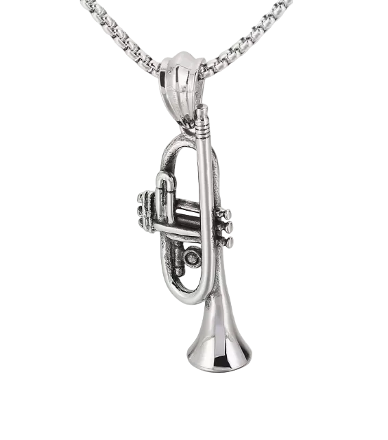 A Nickel trumpet-shaped pendant necklace on a matching Nickel box chain.